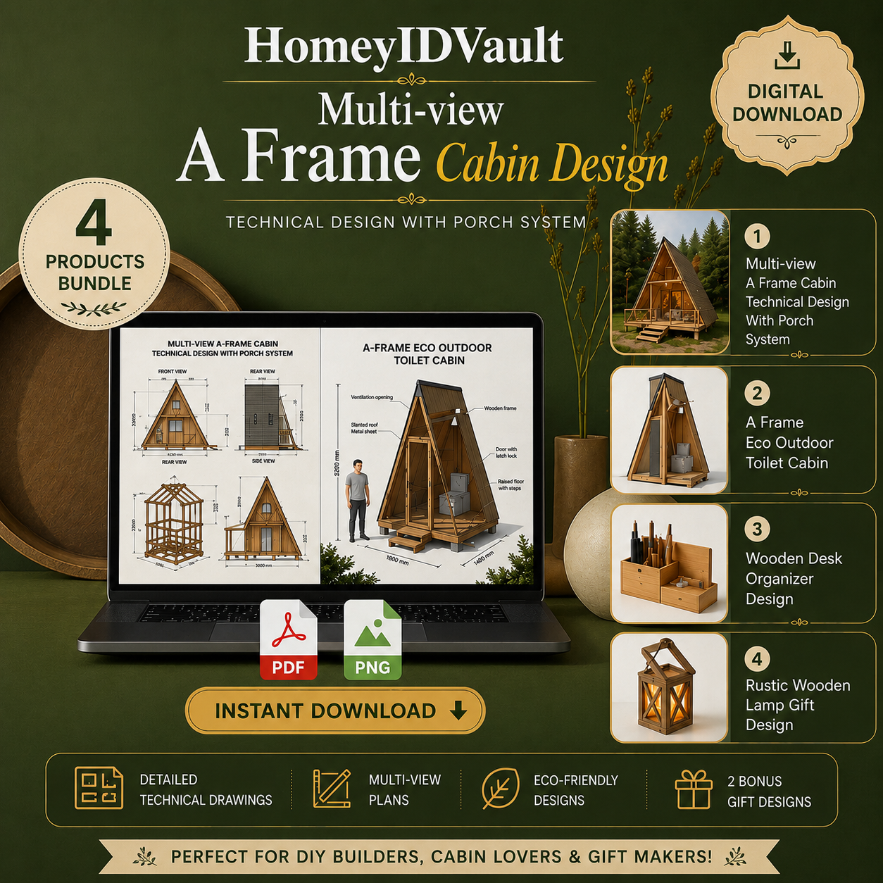 4-in-1 A-Frame Cabin Construction Plans Bundle | DIY Technical Design with Porch System, Eco Outdoor Toilet & Woodworking Gift Designs | Digital Download PDF & PNG