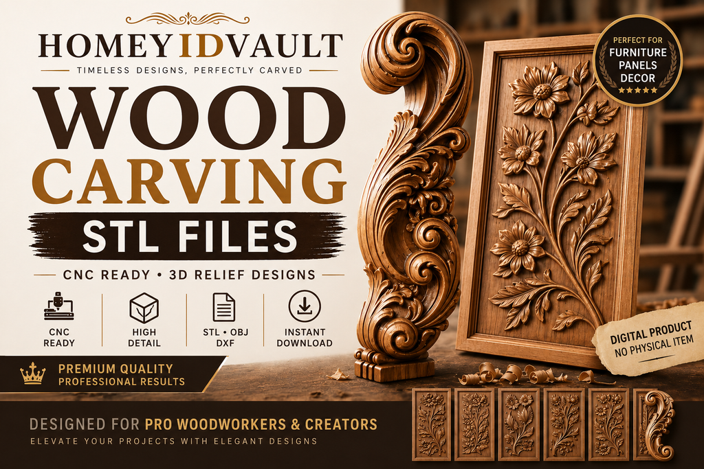 Premium 3D Wood Carving STL Files for CNC - Relief Floral Panels & Furniture Decor Digital Pack