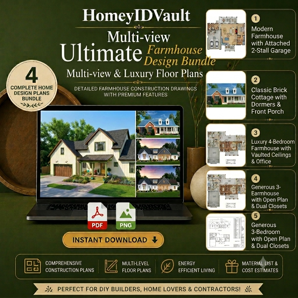 House Plans Bundle — Modern Farmhouse, Craftsman & Luxury Layouts | Digital Download PDF & PNG