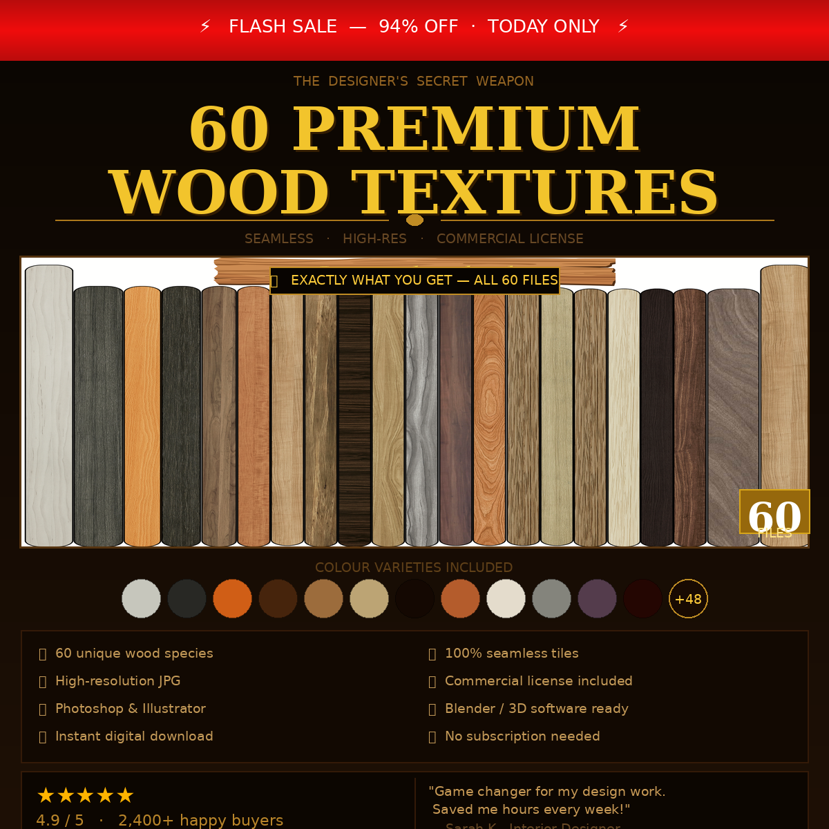 Wood Texture Sample Pack — 5 Seamless High-Res Textures | Digital Download